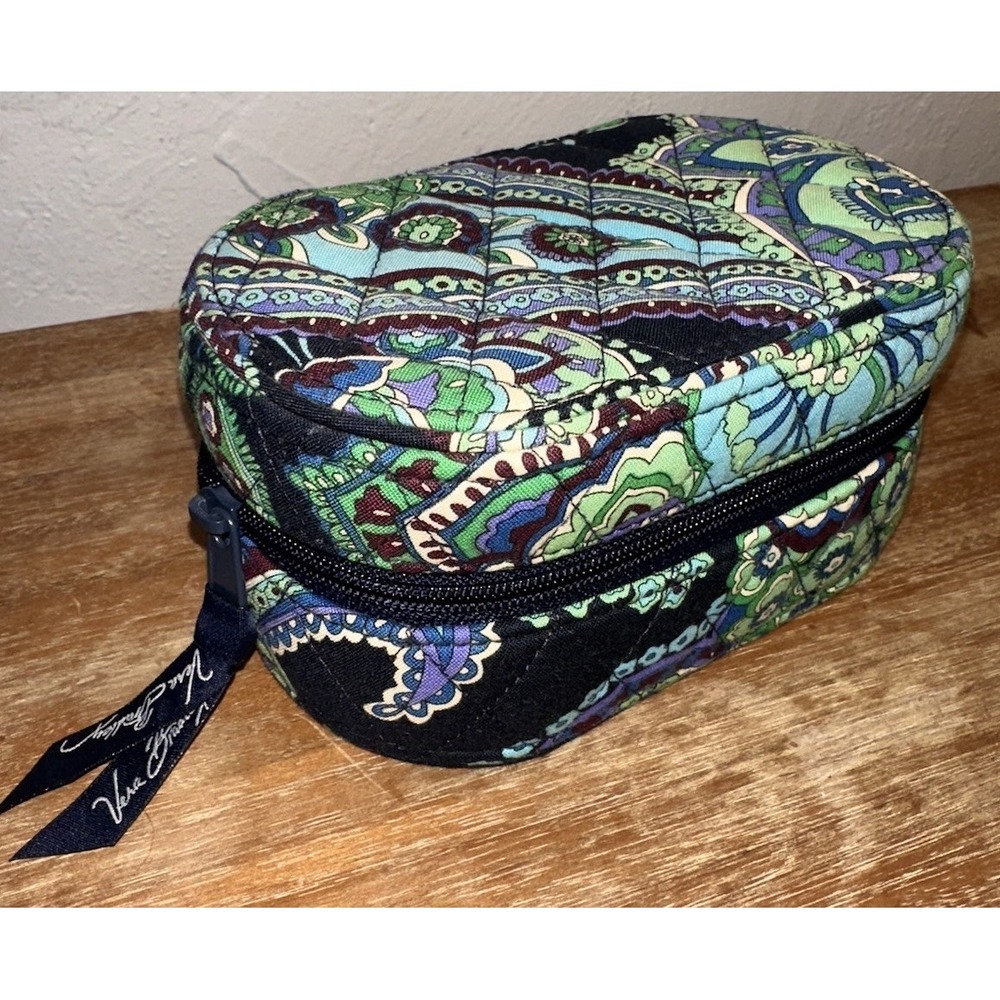 VERA BRADLEY Travel Jewelry Box  Zip Around 6.5" Paisleys Black/Green/Blue